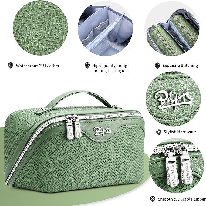 BOYATU Travel Makeup Bags for Women: Vintage Roman Column Texture Large Capacity Cosmetic Bag - Each Journey, Quiet Luxury Serenity - 3 Pcs Set Organizer Toiletry Purse 50% Extra Storage(Green)