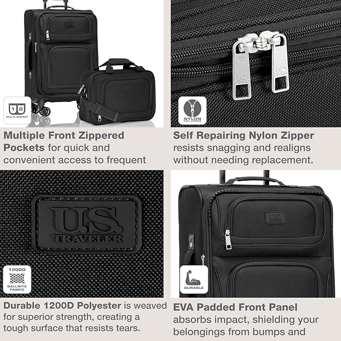 U.S. Traveler Rio Lightweight Softside Rolling Carry-on Suitcase, 4-Wheel Set, Black