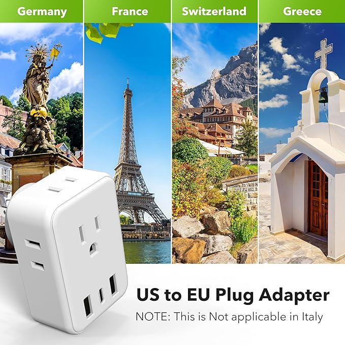 BN-LINK European Travel Plug Adapter, Type C Power Plug Adapter with 4 AC Outlets and 3 USB Ports (1 USB C) for US to Most of Europe Iceland Spain Italy France Germany
