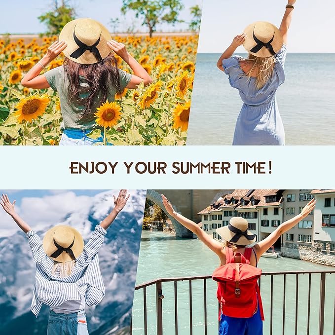 Beach Hat for Women, Wide Brim Sun Straw Hats for Women, Sun Hat Womens UPF 50+ UV Protection, Floppy Foldable Summer Hats