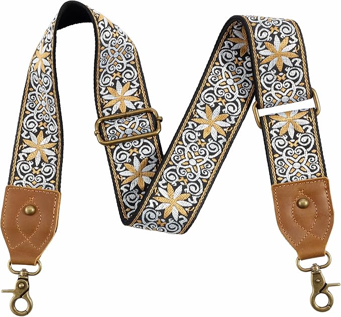 Nefelibata Purse Strap-2"Crazy Horse Leather Bag Strap Adjustable Replacement,Retro Jacquard Embroidery Crossbody Straps
