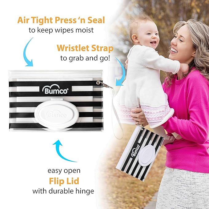 BUMCO Airtight Wipes Dispenser, Keeps Wet, Reusable Refillable Pouch, Diaper Bag Organizer for Travel, Carrying Clutch, Unique Baby Gift for Girl Boy [black & pink]