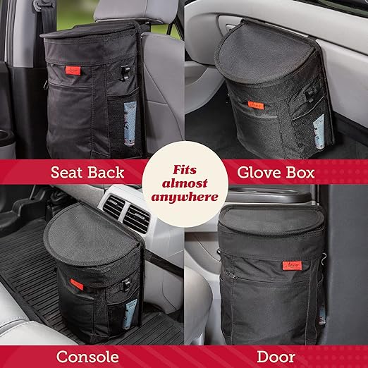 Lusso Gear Spill-Proof Car Trash Can - Leakproof Liner & Flip-Top Lid Auto Trash Can - Hangs in Trucks & SUVs as Trunk Organizer - 2.5-Gal Mesh Pockets for Camper Accessories - 2.5 Gal, Gray, Round