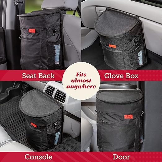Lusso Gear Spill-Proof Car Trash Can - Leak-Proof Lid & Removable Liner for Car Bin - Travel Organizer with Mesh Pockets - 2.5 Gal, Black w Red Stitching