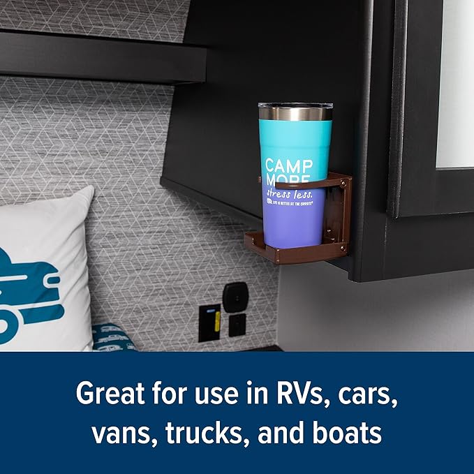 Camco Camper/RV Drink Holder - Features Adjustable Space-Saving Design & Holds Almost Any Size Mug, Cup, Bottle or Can - Extra Cup Holder for Cars, Trucks, RVs, Vans, Boats, and More - Brown (44043)