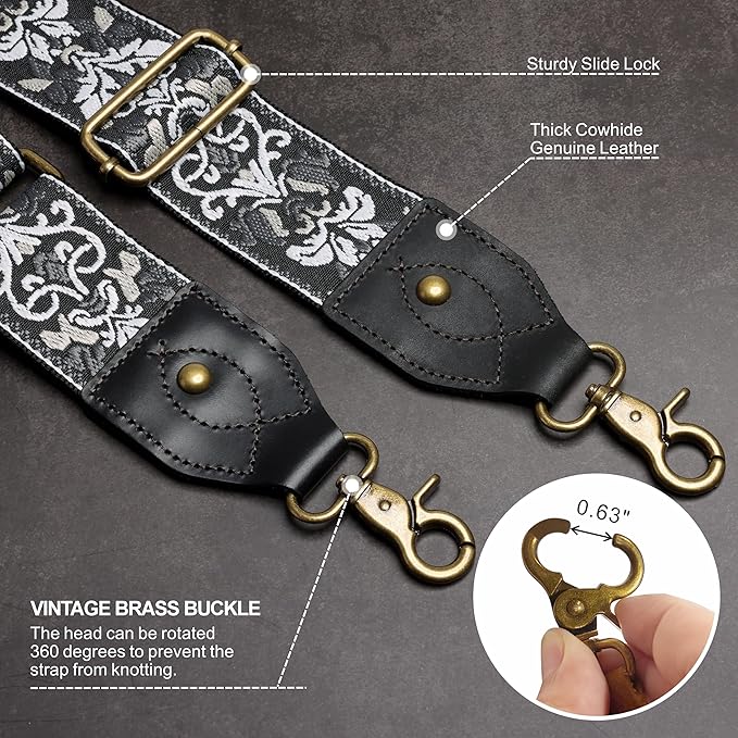 Nefelibata Purse Strap-2"Crazy Horse Leather Bag Strap Adjustable Replacement,Retro Jacquard Embroidery Crossbody Straps
