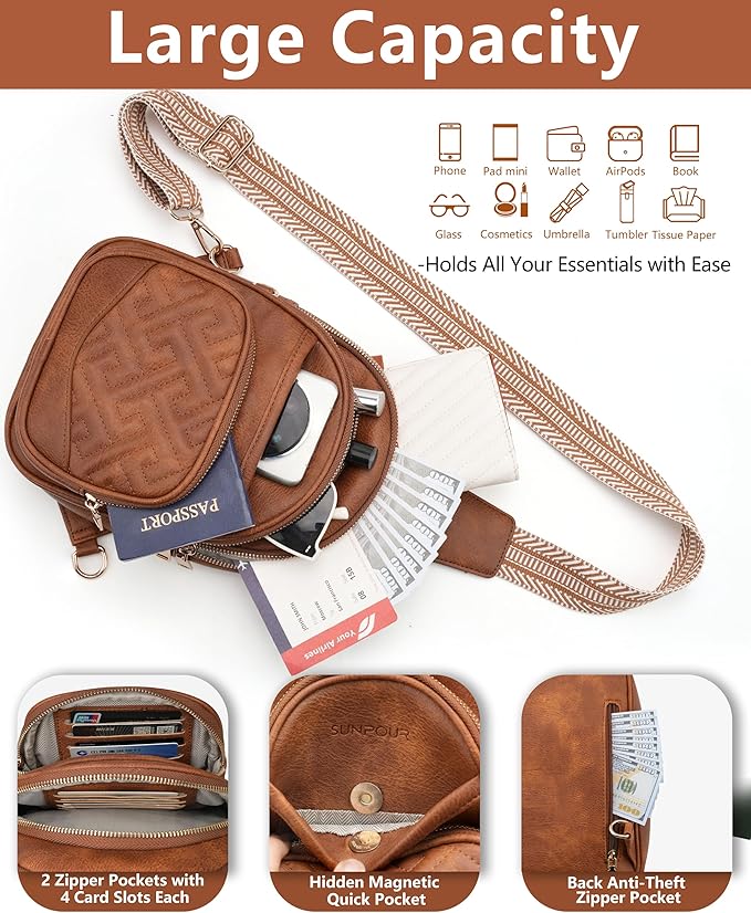 Anti Theft Crossbody Bags for Women, RFID Vegan Leather Sling Purse for Travel, Chest Bag, Cross Body Purses & Fanny Packs(Brown)