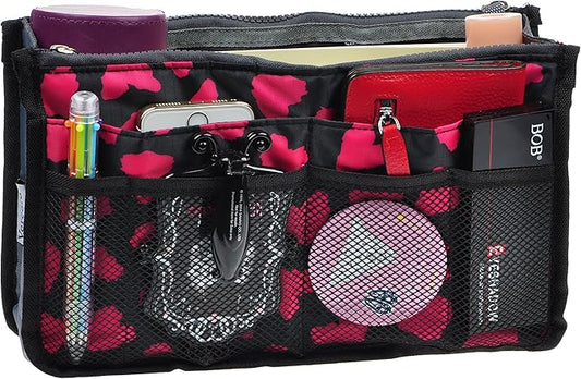 Vercord Purse Organizer Insert for Handbags Bag Organizers Inside Tote Pocketbook Women Nurse Nylon 13 Pockets Rose Heart Small