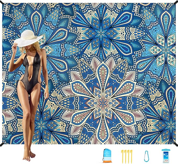 Famstar Beach Blanket Oversized Extra Large 78"X81"/10'X9',Waterproof Sandproof Beach Blanket 2-8 Adults Lightweight Durable for Travel Camping Hiking Picnic