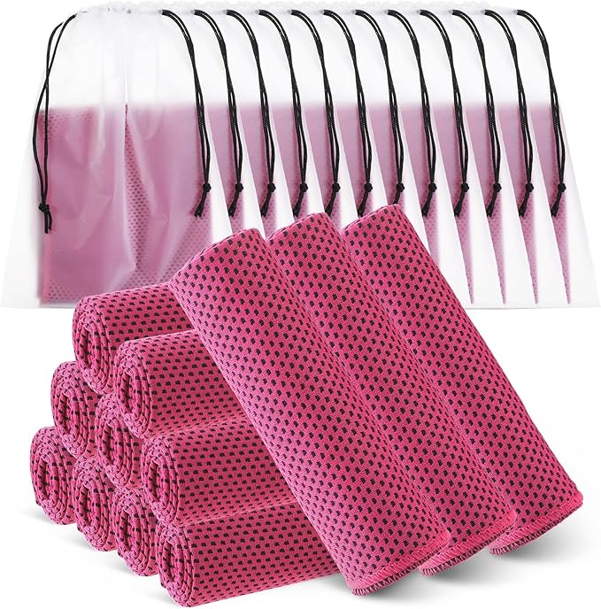 Hosuly 12 Pcs Cooling Towels for Face and Neck 12 x 40 Inch Workout Towels for Gym Fast Drying Hot Weather Sweat Rag Cold Cooling Cloth with 12 Bags Athletes Sport Yoga Golf(Rose Red)