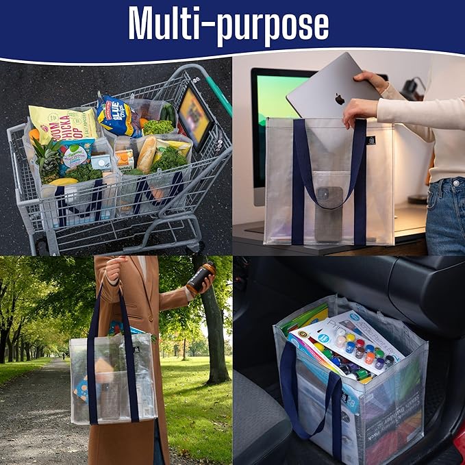 VENO 4 Pack Reusable Grocery Bags, Heavy-Duty Shopping Bags with Handles, Bags for Shopping Cart with Hard Bottom to Stand Upright, Foldable, Multi-Purpose(Clear, 4 Pack)