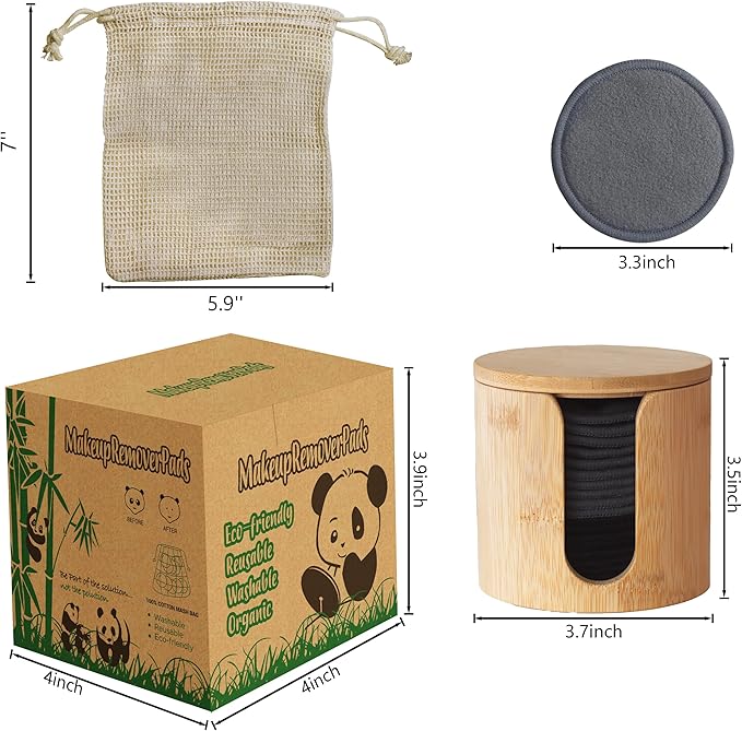 Reusable Cotton Rounds, 100% Natural Bamboo Cotton Pads for Face|Reusable Makeup Remover Pads with Laundry Bag,Headband and Cotton Round Holder (Black and Gray)