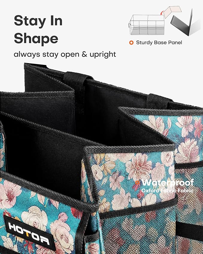 HOTOR Trunk Organizer- Car Organizer, Foldable Trunk organizer for SUVs & Sedans, Sturdy Car Organization for Car Accessories, Tools, Sundries, Blue Flower, 2 Compartments, 21.3"×12.6"×10.6"