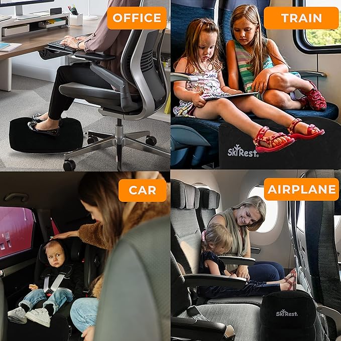 Inflatable Foot Rest Travel Pillow-Adjustable Height Airplane Footrest for Airplane Travel/Car/Train/Home/Office-Airplane Bed for Toddlers, Comfortable Seat Extender for Kids - Black, 2 Pack