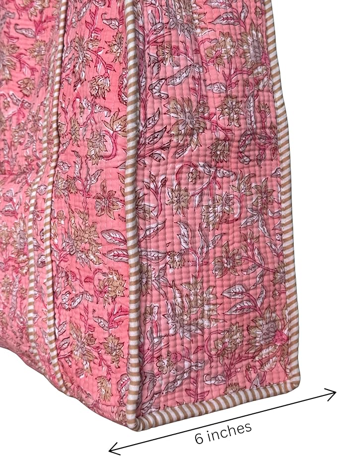 ATOSII Women Handblock Print Quilted 100% Cotton Floral Large Shoulder Tote Bag with Pocket, Zipper for Work, Beach & Travel