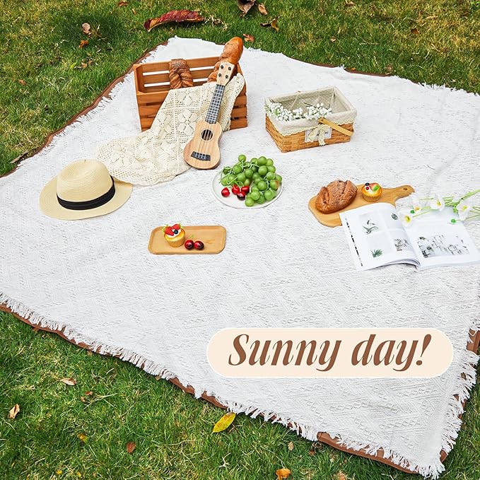 VitalCozy Waterproof Picnic Blankets 71×71 inch Outdoor Blanket Foldable 2 in 1 Double Layer Sandproof Beach Mat with Carry Strap for Camping Lawn Park Beach Grass(White)