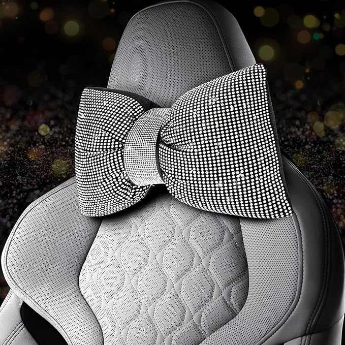 ChuLian 2 PCS Bling Car Pillows, Rhinestones Bowknot Bling Car Headrest Pillow, Car Neck Pillow for Driver Cool Relax Necksupport, White Crystal Diamond Car Accessories for Women
