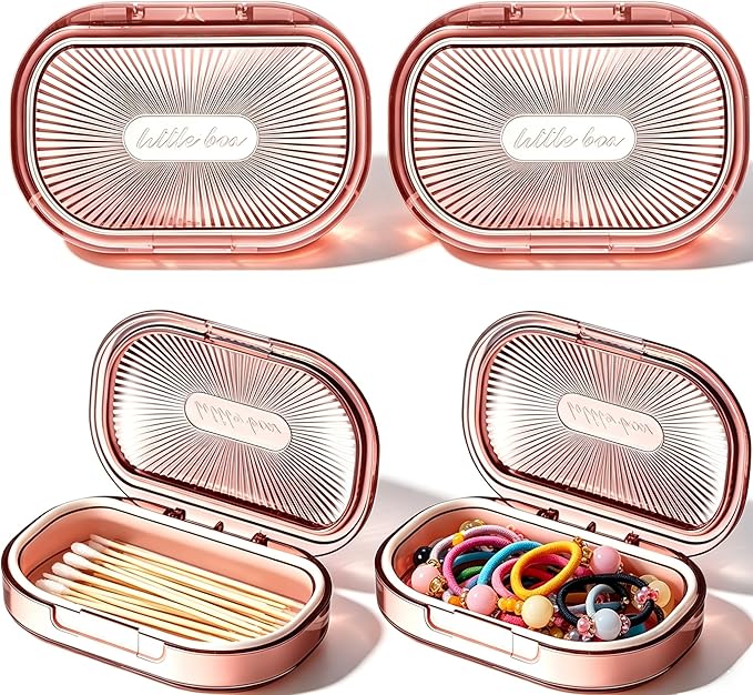 4 Pcs Hair Tie Container Small Portable Travel Cotton Swab Holder Dispenser with Lid Plastic Box Storage Containers for Small Items, 3.94 x 2.76 Inch(4Pces,Pink01)
