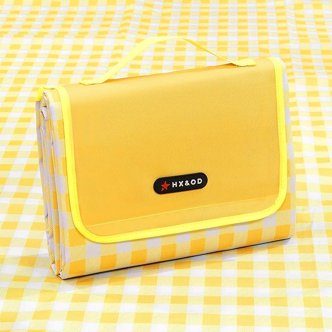 HX&OD Picnic Blanket Outdoor Extra Large Picnic Mat 80"X60" Camping Blanket Beach Blanket Foldable Waterproof Sand Mat Hiking Travel Family Concerts(Yellow)