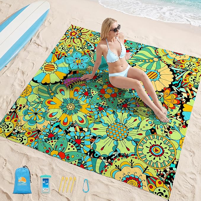 Aroveea Beach Blanket Waterproof Sandproof 1-7 Adult Oversized 78''X81''/10'X9' Lightweight Durable Compact Sand Free Beach Mat for Travel Camping Hiking Picnic Blanket