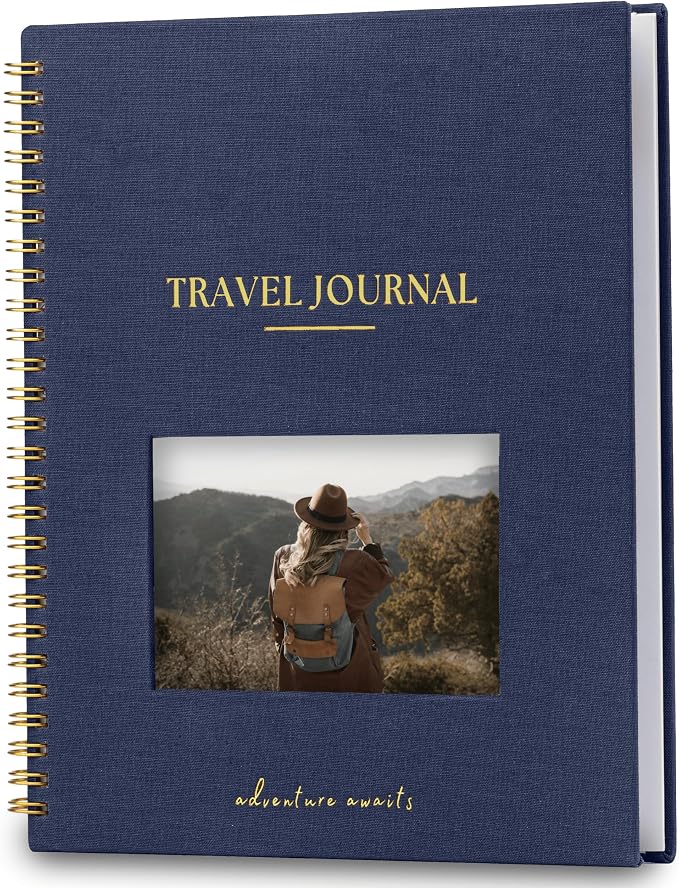 Nook Theory Personalized Travel Journal for Women, Men - Linen Travelers Notebook, Adventure Book with Prompts, Perfect for Travel Gifts (Indigo)