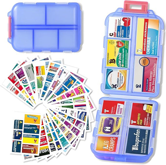 Pill Organizer with Medicine Labels Travel Daily Pill Container Mini Medication Organizer Storage Pill Organizer Travel Essentials Pill Case 7 Day (Blue & 161 Lables)