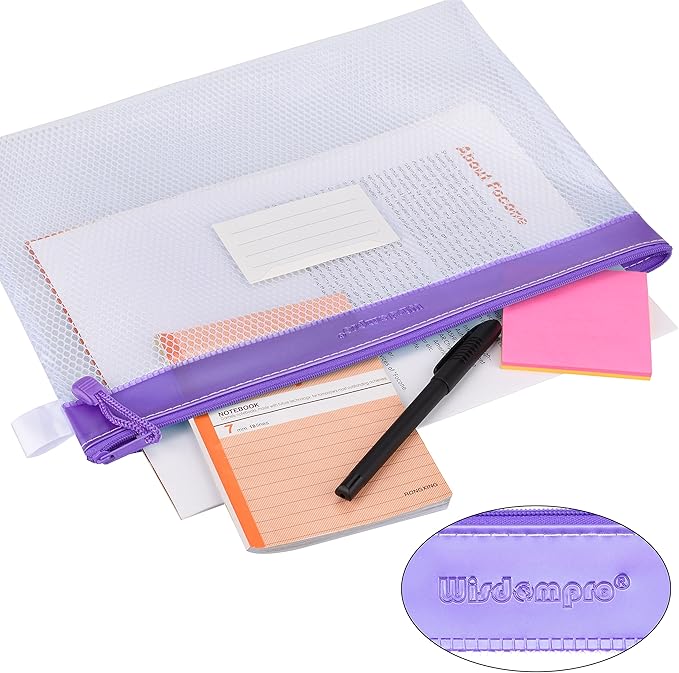 Wisdompro Zipper Pouch, 4 Packs Durable Letter Size Waterproof Mesh File Bag, Document Organizer - Purple/Yellow