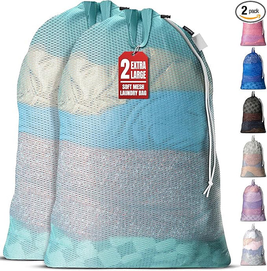 Handy Laundry Mesh Laundry Bags 24 x 36 Inches, 2-Pack - Extra Large Heavy Duty Bag with Handles & Shoulder Strap, Breathable, Machine Washable for Dorm, Travel, Bedding & Storage - Teal