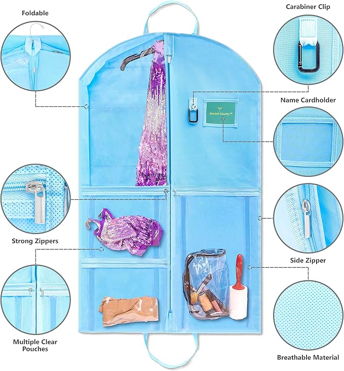 Waterproof Hanging Garment Bag 40 inch Clothes Bag with Gusset, 5 Pockets & Side Zip for Dance Costumes, Sports, Skating, Theatre, Beauty Pageants, Cheer & More by Kendall Country, Sky Blue