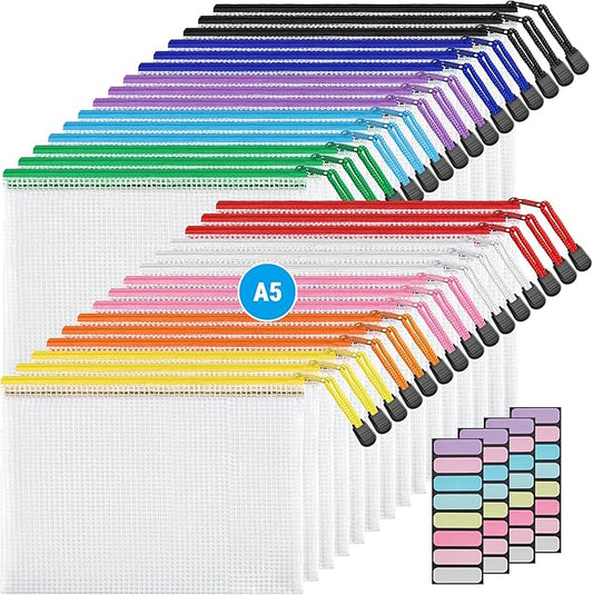 JARLINK 30 Pack 10 Colors Zipper Mesh Document Pouch, 6x9 Inch/A5, Plastic Water-Resistant File Bags, for School Office Supplies, Cosmetics Travel Storage, Assorted Color