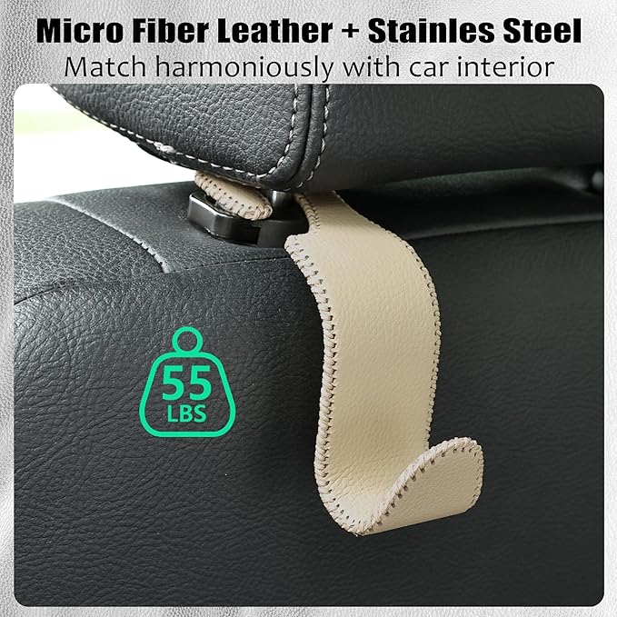 Amooca Car Seat Headrest Hook Universal Vehicle Storage Hanger Leather with Metal Car Seat Back Organizer for Handbag Purse Coat Beige 2 Pack