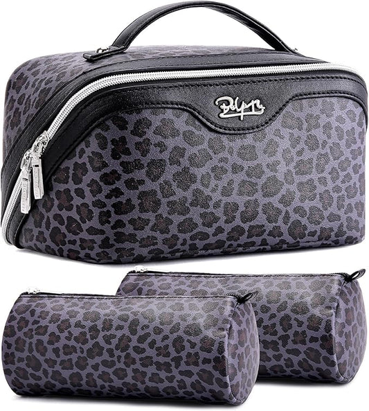 Travel Makeup Bags Organizer for Women: 3 Pcs Set Cosmetic Bag - Large Make up Bag with Compartments - Flat Open Waterproof Leather Toiletry Bags for Skincare, Brushes & Travel Essentials - Purple