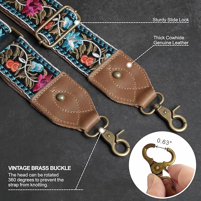 Nefelibata Purse Strap-2"Crazy Horse Leather Bag Strap Adjustable Replacement,Retro Jacquard Embroidery Crossbody Straps