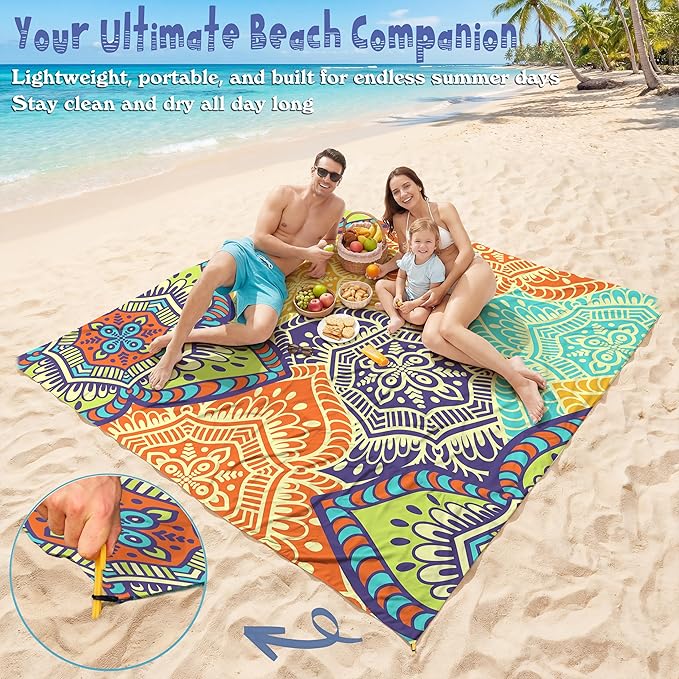 Aroveea Beach Blanket Waterproof Sandproof 1-7 Adult Oversized 78''X81''/10'X9' Lightweight Durable Compact Sand Free Beach Mat for Travel Camping Hiking Picnic Blanket