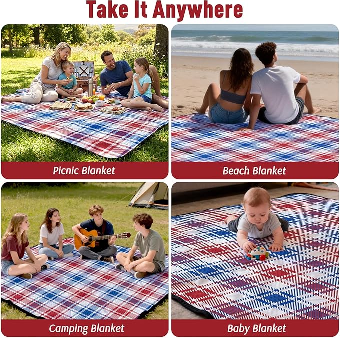 Doonly Picnic Blanket, 78" x 78" Large Waterproof Sandproof Beach Blanket, Foldable Outdoor Blanket Picnic Mat for Beach, Camping, Park, Grass, Lawn, Travel, Patriotic Red White and Blue