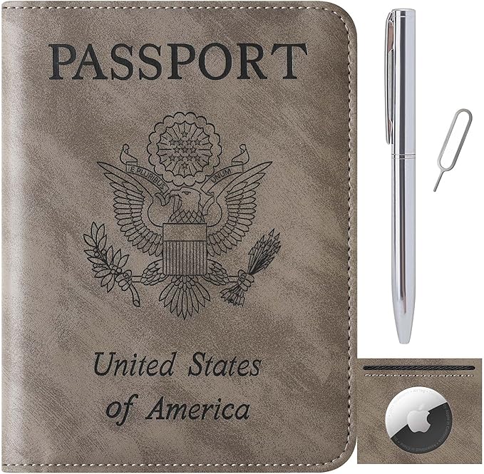 Airtag Passport Holder for Travel Essentials Wallet Rfid Blocking Cover Leather Case Vacation Travel Accessories for Women Men (601#Grey)