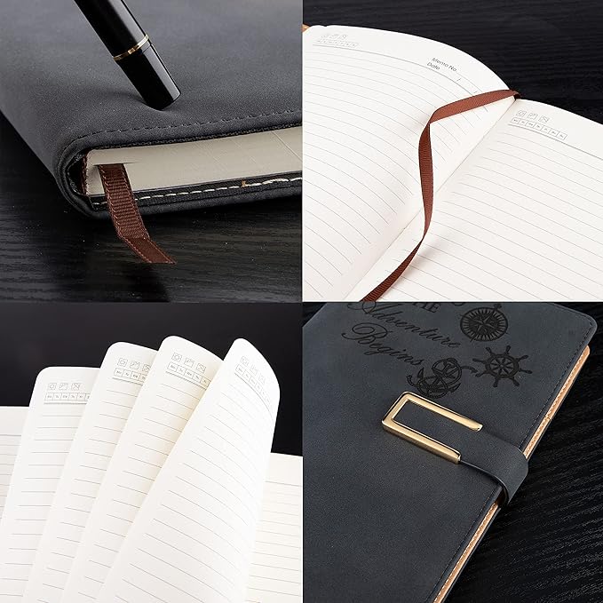 Fanery Sue Refillable Adventure Writing Journal For Men & Women Faux Leather Hardcover Notebook A5 College Ruled 200 Lined Pages Lay-Flat Personal Diary With Pen & Magnetic Buckle (Adventure - Black)