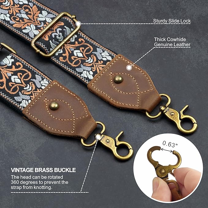 Nefelibata Purse Strap-2"Crazy Horse Leather Bag Strap Adjustable Replacement,Retro Jacquard Embroidery Crossbody Straps