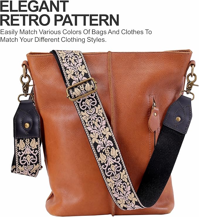 Nefelibata Purse Strap-2"Crazy Horse Leather Bag Strap Adjustable Replacement,Retro Jacquard Embroidery Crossbody Straps