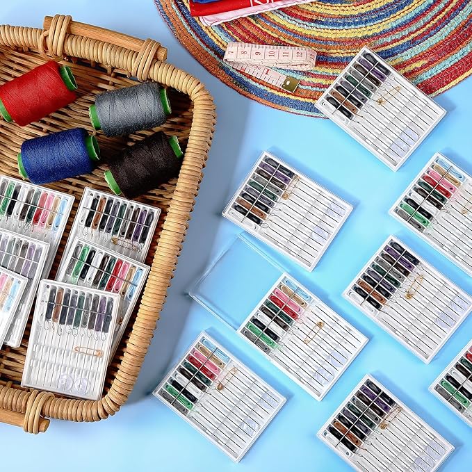 MTLEE 28 Boxes 280 Pieces Mini Quick Fix Sewing Kit Easy Pre Threaded Needle Basic Personal Kit Plastic Threaded Needle Holder Small Home Travel Sewing Box with Pin Button Classic Color