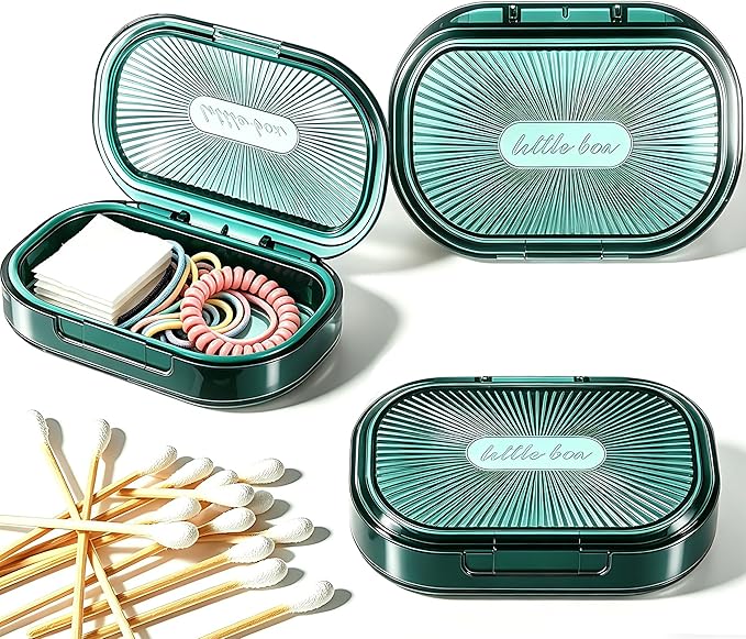 2 Pcs Hair Tie Container Small Portable Travel Cotton Swab Holder Dispenser with Lid Plastic Box Storage Containers for Small Items, 3.94 x 2.76 Inch(2Pces,Green01)
