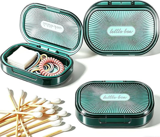 2 Pcs Hair Tie Container Small Portable Travel Cotton Swab Holder Dispenser with Lid Plastic Box Storage Containers for Small Items, 3.94 x 2.76 Inch(2Pces,Green01)