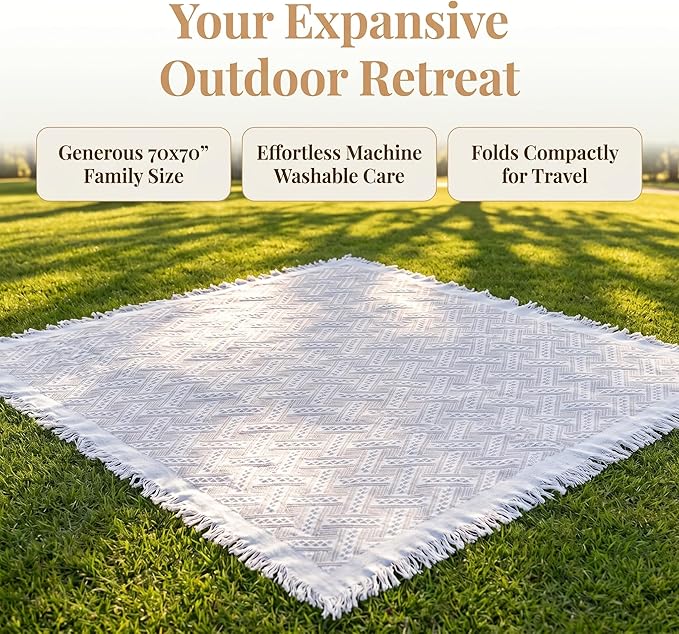 70x70 Bohemian Picnic Mat Extra Large, Sand Proof Outdoor Camping Blanket Machine Washable, Lightweight Portable Travel Tarp for 5-7 Adults Beach Park Grass (Brown-T-Grid)