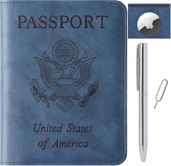 Airtag Passport Holder for Travel Essentials Wallet Rfid Blocking Cover Leather Case Vacation Travel Accessories for Women Men (601#Blue)