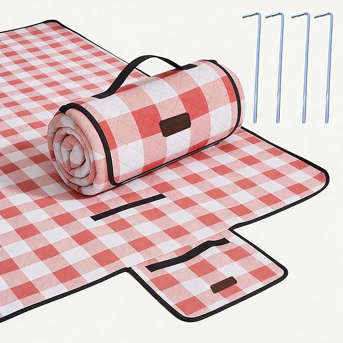 HX&OD Outdoor Picnic Blanket, Extra Large, 80''x60'' Waterproof Foldable Blankets Gingham Picnic Mat for Beach, Camping Grass Lawn Park Accessories Cute Couple Ideas Wedding (Red, 80”x60”)