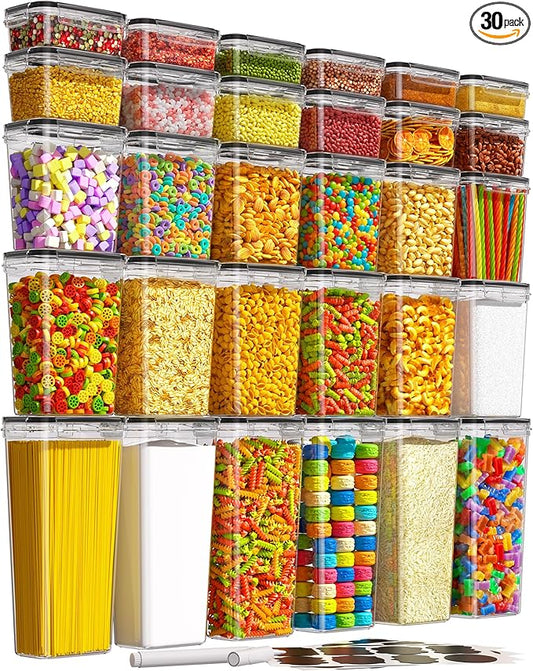 KEMETHY 30 PCS Airtight Food Storage Containers with Lids, Kitchen Pantry Organization and Storage, BPA-Free Plastic Scale Food Canisters for Cereal, Flour, Sugar, Dry Food, Include Labels & Marker