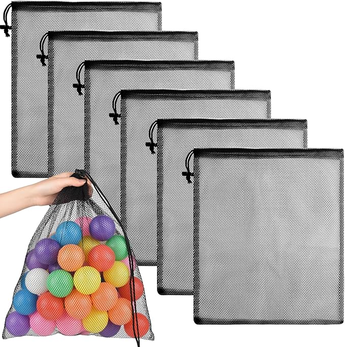 PLULON 6 Pcs Mesh Bag Drawstring Mesh Beach Bags, 18 x 12 Inch Nylon Drawstring Bag for Pool Beach Ball Toys Storage Bag for Collecting Travel Sports Gym (Black)