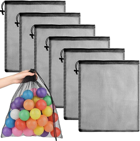 PLULON 6 Pcs Mesh Bag Drawstring Mesh Beach Bags, 18 x 12 Inch Nylon Drawstring Bag for Pool Beach Ball Toys Storage Bag for Collecting Travel Sports Gym (Black)