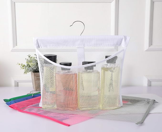 Portable Mesh Pocket with Rotatable Hanger, Quick Dry Serial Type Bath Storage Organizers for Travel, Camper, RV, Gym, Cruise, Cabin, College Dorm Shower(White)