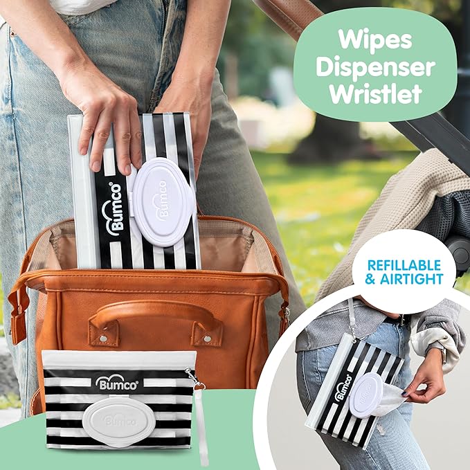 BUMCO Airtight Wipes Dispenser, Keeps Wet, Reusable Refillable Pouch, Diaper Bag Organizer for Travel, Carrying Clutch, Unique Baby Gift for Girl Boy [Black]